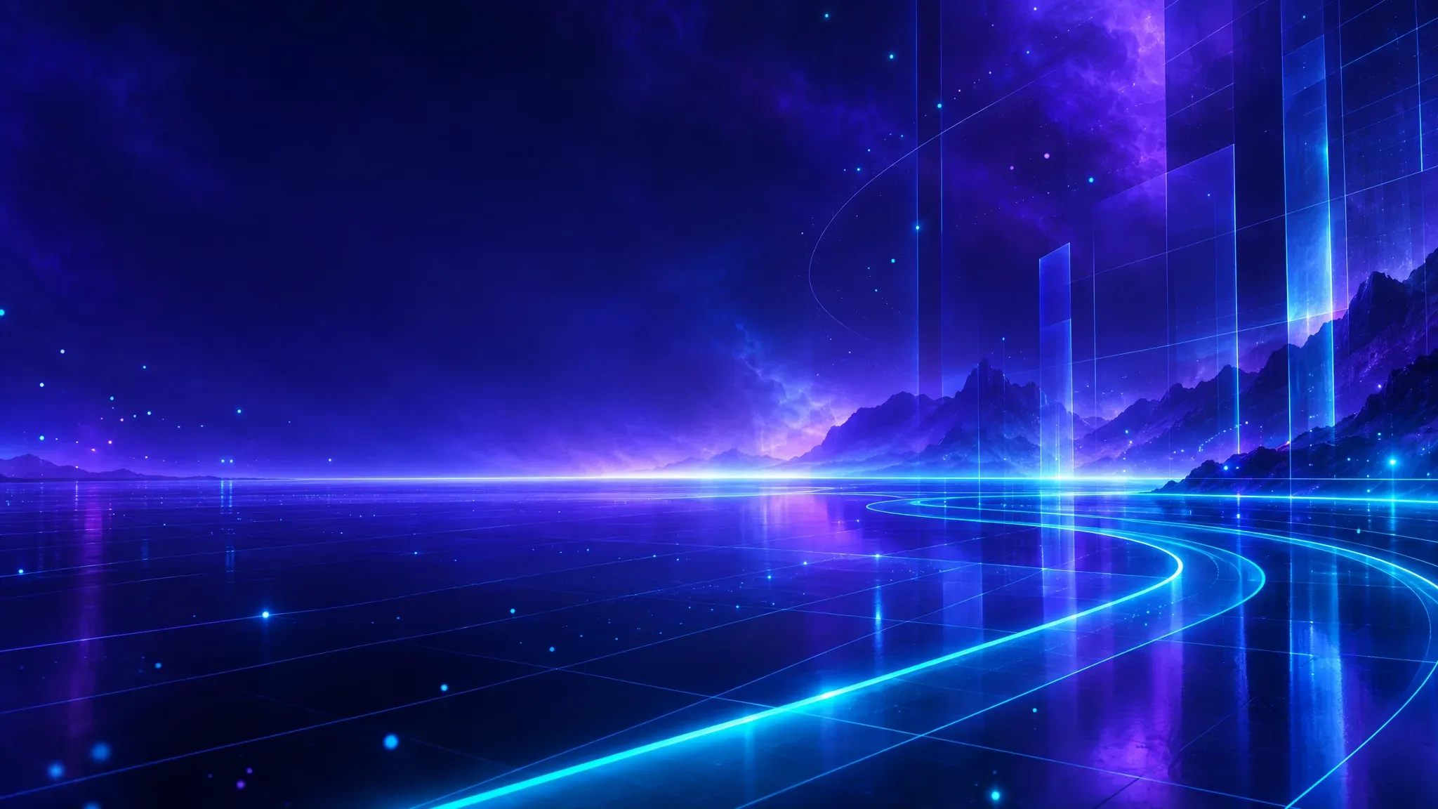 Indigo light paths inside an immersive digital space